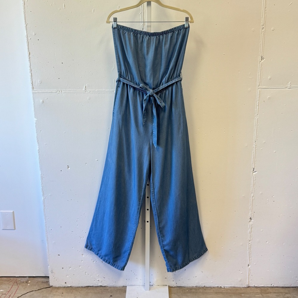 Forever 21 Strapless Lyocell Wide Leg Jumpsuit Medium Chambray Belted Tube Blue